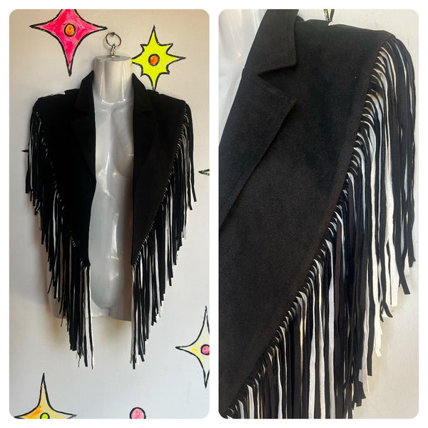 Retro Western Embellished Black Faux Suede Fringe Collar