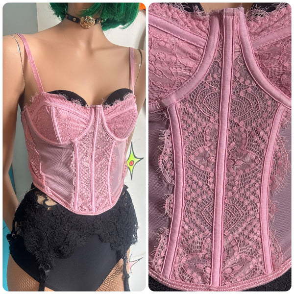 Y2K Pink Lace Corset Bustier Fairy Romantic Coquette Top Rococo Kawaii XL