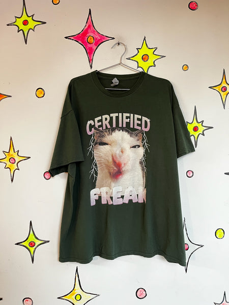 90s Y2K Certified Freak Kitty Cat Funny Graphic Tee Green 2XL