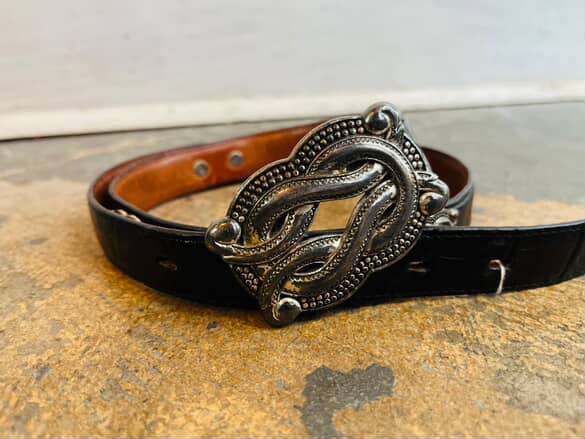 Vintage 90s Black Leather Western Belt - Silver Buckle & Embellishments - Size L
