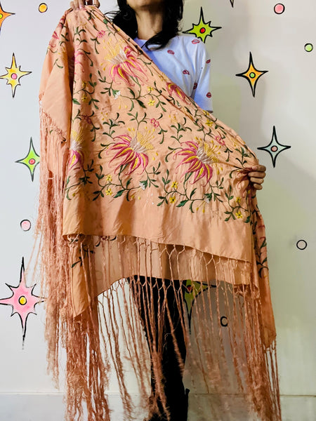 Antique Silk Piano Shawl Boho Art Decor Floral Embroidered Fringe Wrap