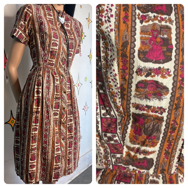 Vintage 50s Art Print Red Mustard Mid Century Fit & Flare Cotton Day Dress - M