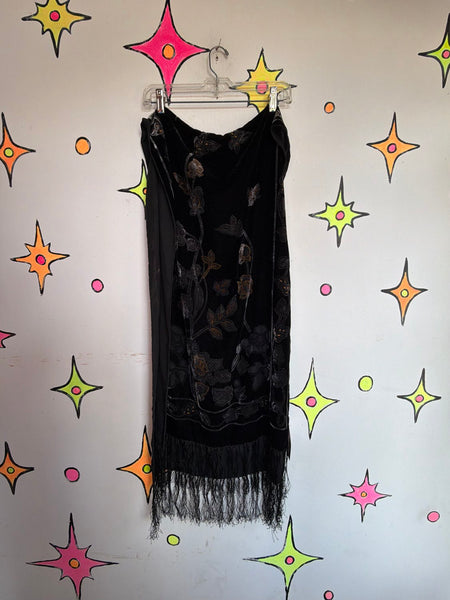 Black Velvet Burnout Fringe Scarf Flapper Old Hollywood Goth Fairycore Glam