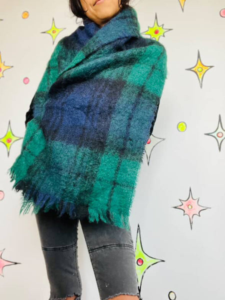Vintage Fuzzy Tartan Scarf Navy & Green Emo Grunge Mohair Wool Oversized Wrap