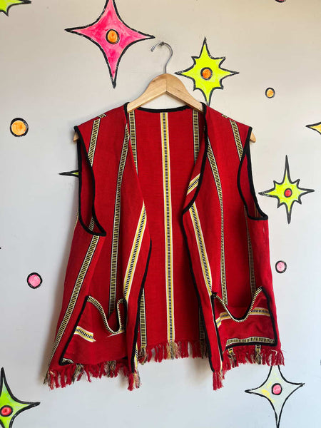 Vintage 60s 70s Boho Grunge Red Tapestry Fringe Vest Festival Hippie Western M/L