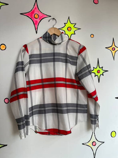 Vintage 70s 80s White & Red Plaid Secretary Blouse - Retro Statement Top - S M