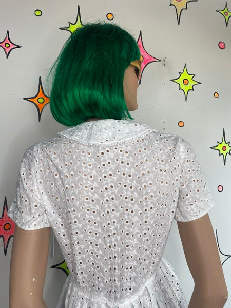 1950s Nelly Don White Lace Rockabilly Midi Dress Collared Vintage S
