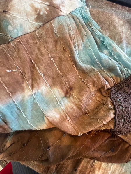 Y2K Blue & Brown Tie-Dye Crochet Embellished Top Fairy Grunge Boho Mori Kei L