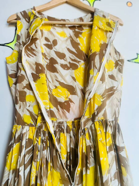 Vintage 1950s Yellow Rose Print Fit & Flare Dress Full Skirt Fairy Grunge | 5/6