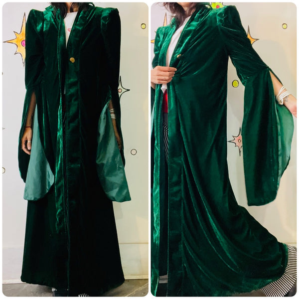 Emerald Green Velvet Goth Robe Witch Sorceress Bell Sleeve Fairy Grunge Goddess
