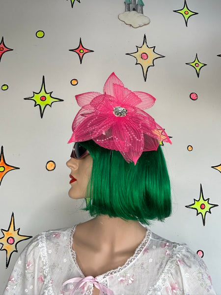 Pink Glitter Fascinator Flower Headpiece Barbiecore Tea Party Glam