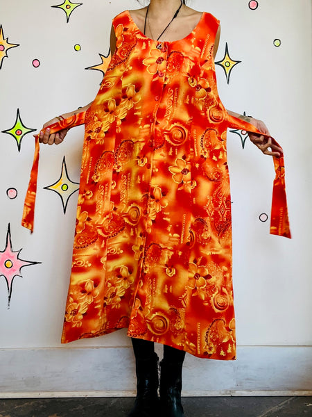 Vintage 90s Y2K Orange & Red Tiki Hawaiian Dress Boho Fairy Grunge Midi – Small