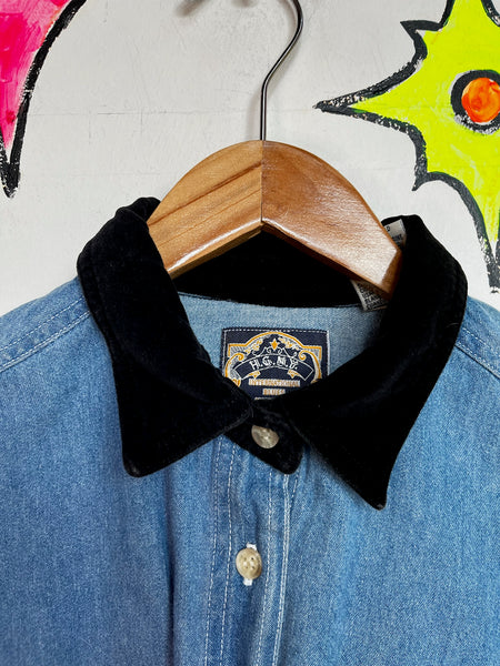 90s Grunge Denim Crop Top | Velvet Collar & Cuffs | Long Sleeve Button-Up (S)