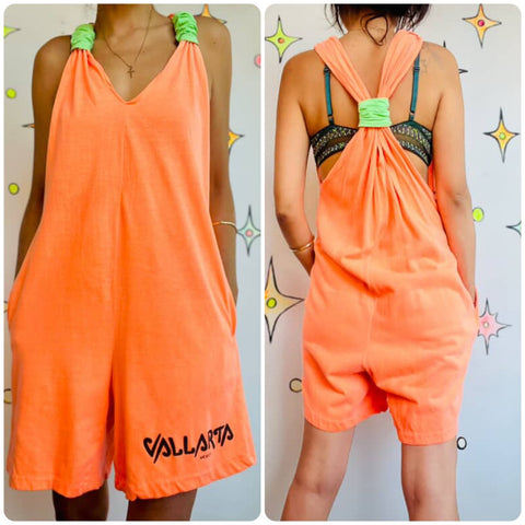 Vintage Totally 80s 90s Neon Orange Retro Playsuit | Beach Party Outfit | Size M