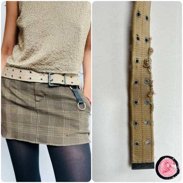 Vintage Military Green Double Grommet Belt – Distressed Punk Y2K Grunge – Unisex