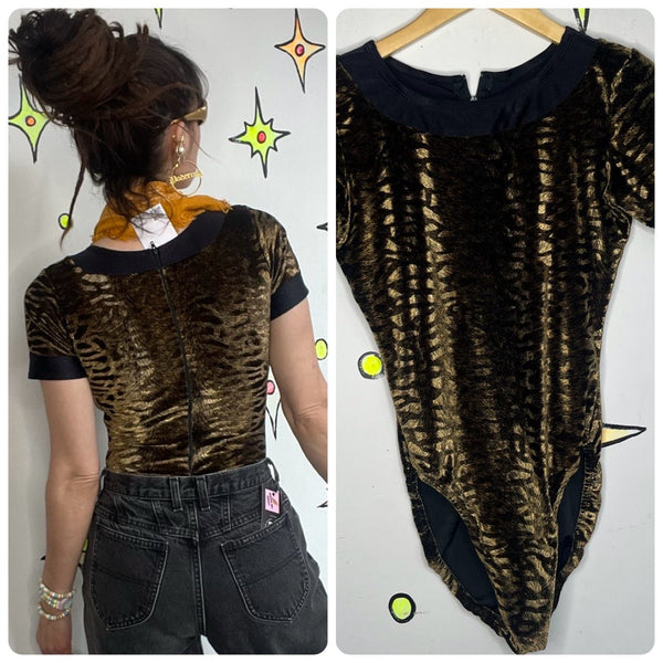 Velvet Tiger Print Bodysuit Stretch Catsuit Catwoman Glam Grunge Cosplay Small