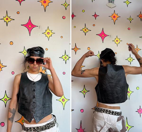 Vintage Black Leather Vest Western Biker Rocker Moto Grunge Vest S/M