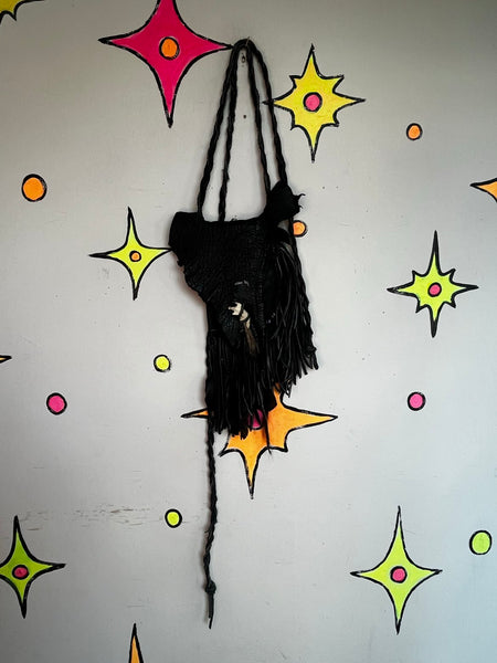 Vintage Leather Witch Bag Medicine Pouch Bone Feather Boho Goth Fringe Western