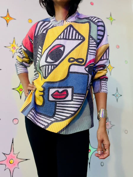 Wearable Art Picasso Cubist Abstract Art Avant-Garde Pullover Sweater - Large