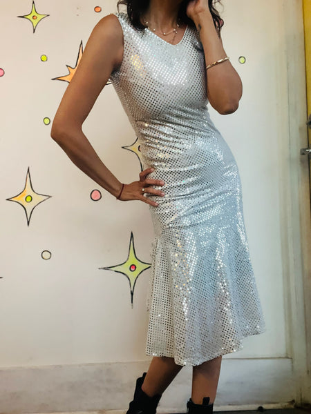 Vintage Metallic Silver Flapper Disco Party Dress – 1920s-Inspired Glam – XS/S
