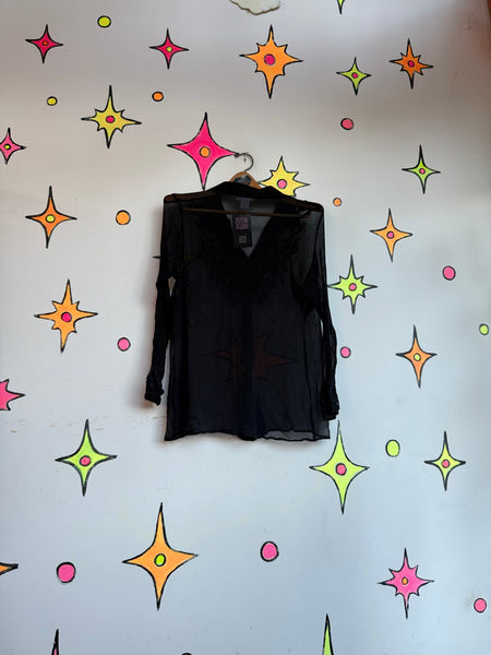 Black Sheer Silk Beaded Blouse Embroidered Evening Top Luxe Glam Whimsigoth XL