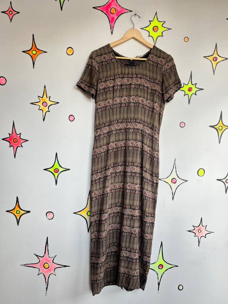 Vintage 90s Witchy Boho Fairy Grunge Maxi Dress | Plaid Floral Slit Dress Sz 8