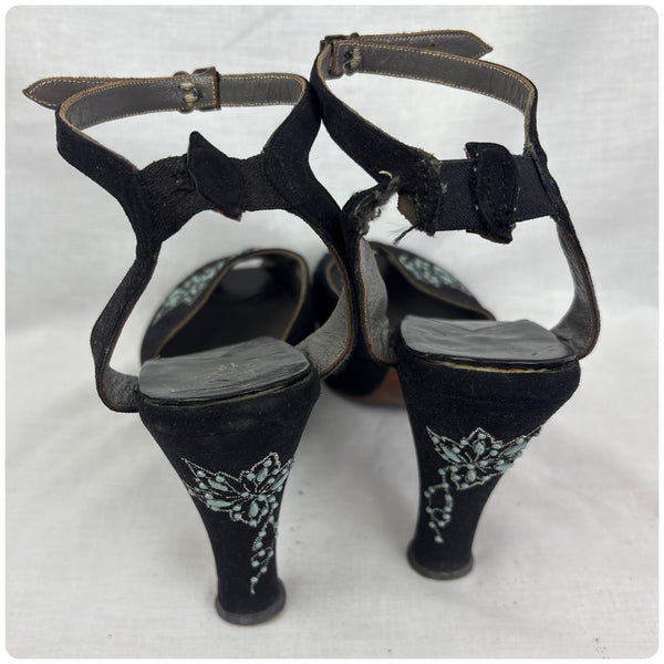Vintage 1940s Black Embellished Peeptoe Platform Heels Designer Shoes - 7 - 7.5