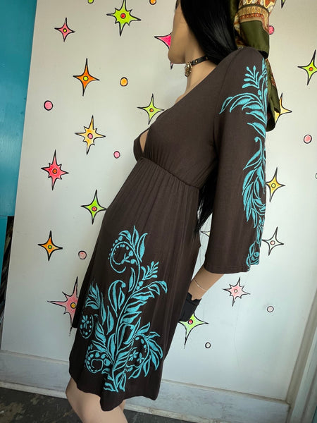 Y2K Brown and Blue Tattoo Print Mini Dress – Embroidered Boho Fairy Grunge S