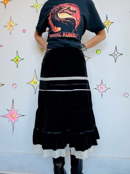 Vintage Y2K Black Velvet with Lace Tiered Midi Skirt - Fairy Grunge Whimsy Goth - Size S