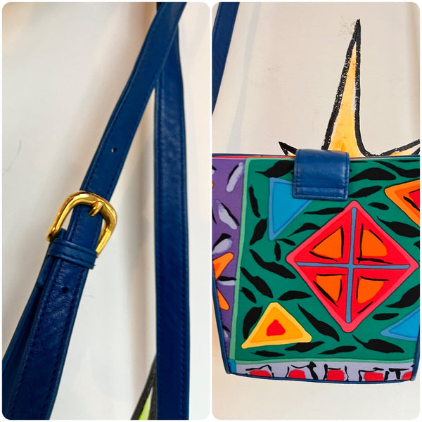 Vintage 80s 90s | Abstract Blue Leather Punk Wearable Art Bag Crossbody Purse