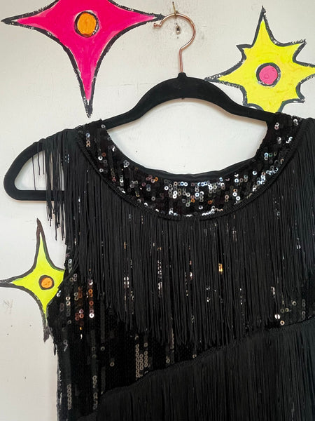 Black Sequin Fringe Flapper Dress 1920s Gatsby Party Dress Speakeasy Mini ML