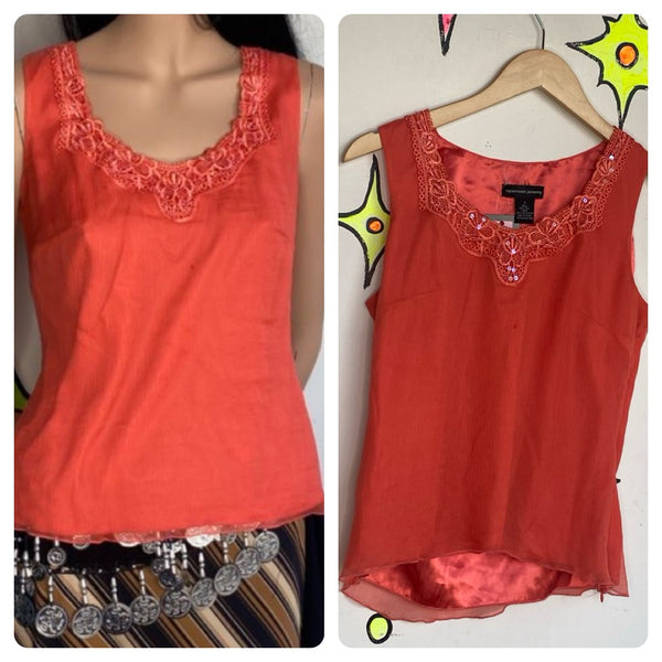 Vintage Orange Silk Beaded Top | Y2K Glam Boho Fairy Grunge Fantasy Blouse - S