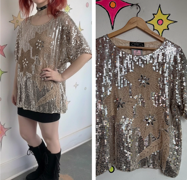 Vintage 1980s Art Deco Silver Sequin Flapper Silk Disco Top | L