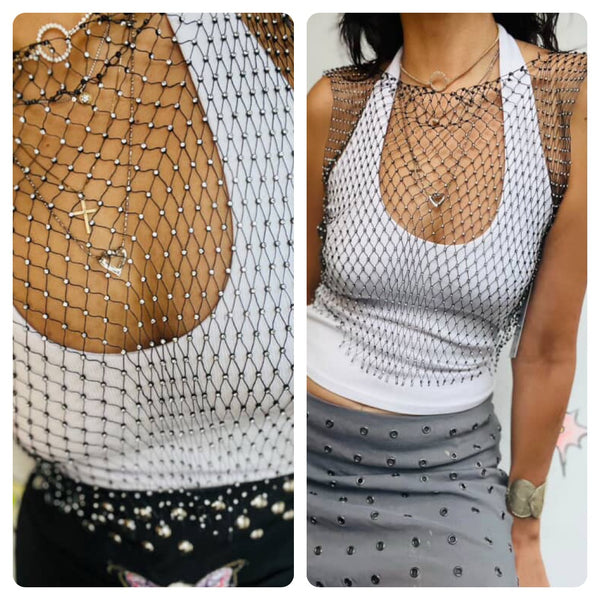 Y2K Rhinestone Chainmail Beaded Top - Black - One Size - Stretchy - Whimsy Goth