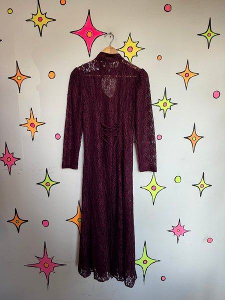 Vintage 90s Merlot Lace Maxi Dress Sheer Romantic Goth Prairie Fairy Grunge - S