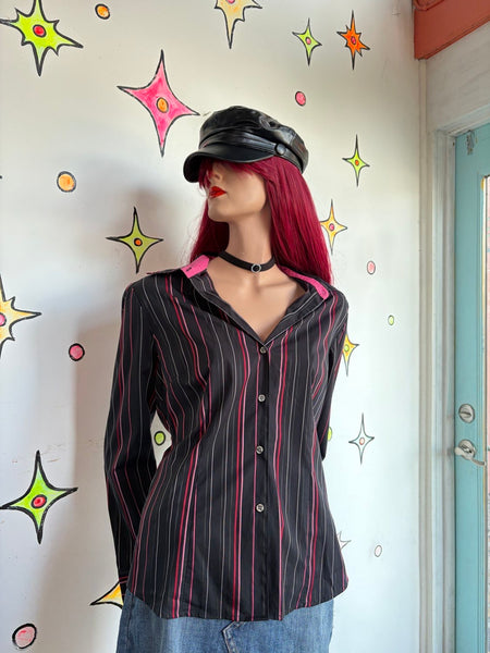 Y2K Mall Goth Pinstripe Shirt Black Red Office Siren Dark Academia Grunge Top L