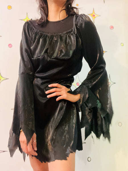 Vintage Black Romantic Goth Mini Dress – Bell Sleeves Witchy Dress – Cosplay - M