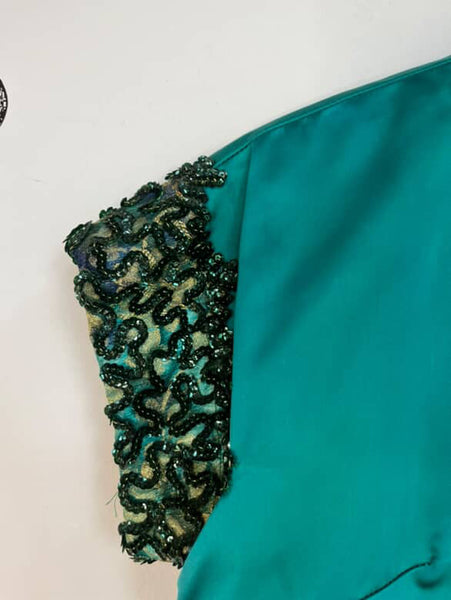 Vintage 40s Green Satin Sequined Cropped Bolero – Circus Costume Jacket – XS