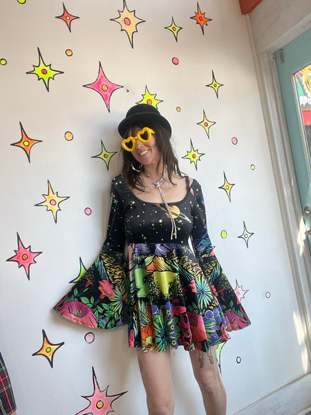 Black Velvet Alien Neon Scene Mini Dress - Bell Sleeves Rave Festival Hippie L