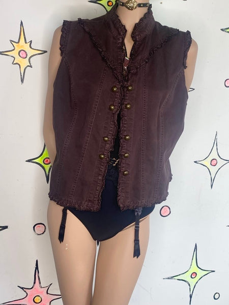 Brown Ruffled Denim Military Vest Y2K Boho Utility Grunge Layering Top - 16