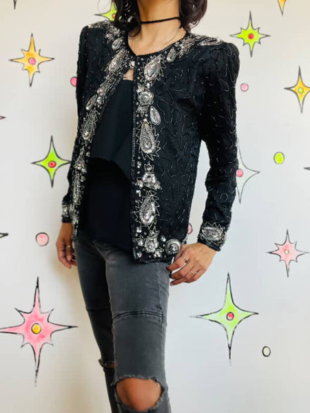 Vintage 80s Black & Silver Sequin Beaded Pirate Glam Rock Party Jacket Size S