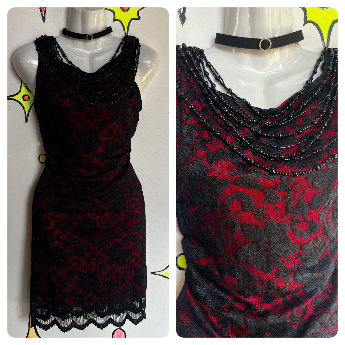 Vintage 90s Y2K | Black Red Lace Fairy Grunge Goth Cowl Neck Slip Dress | L