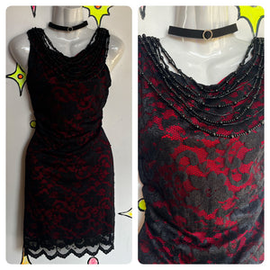 Vintage 90s Y2K | Black Red Lace Fairy Grunge Goth Cowl Neck Slip Dress | L