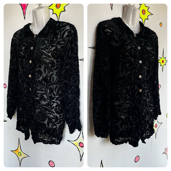 Vintage 90s Y2K | Black Fairy Grunge Whimsy Goth Velvet Burnout Blouse Top | M