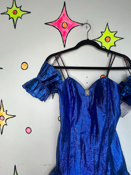 Vintage 80s Blue Metallic Party Dress Glam Poofy Prom New Wave Gown M