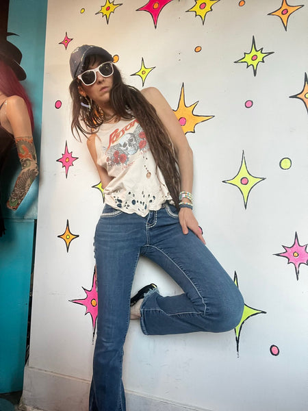 Y2K Rhinestone Denim Flare Jeans Low Rise Embellished Indie Sleaze McBling XS