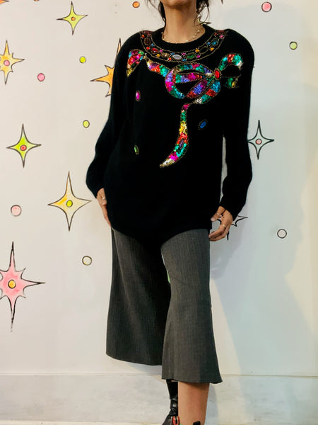 Vintage 80s Rainbow Embellished Christmas Sweater Sequin Beaded Holiday Party L