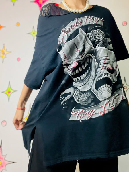 Y2K Tattoo Print Goth Grunge Clowncore Clown Mask Horror Thrashed Tee T Shirt - XL