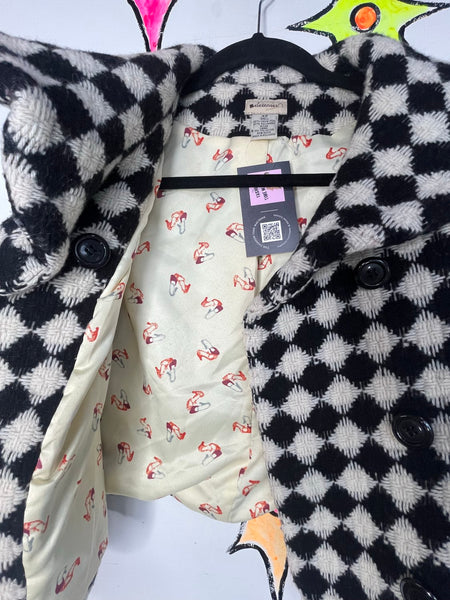 Y2K Black & White Vegan Fur Crop Coat Harlequin Clowncore Glam 60s Style - S