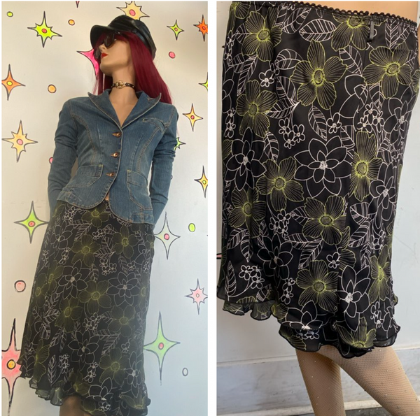 Y2K Whimsigoth Lettuce Hem Midi Skirt Skirtology Abstract Earthy Grunge XL